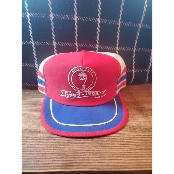 Vintage Other - Vtg 3 Stripe Red White Blue Mesh Snapback Trucker Hat Made USA Bellefonte Bicen.